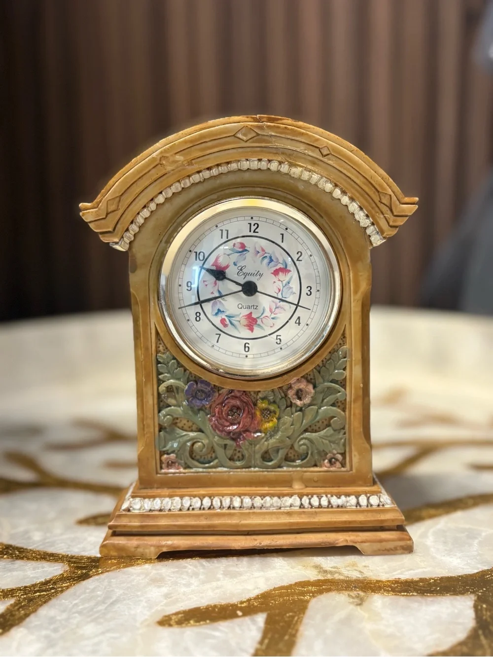 Small Vintage Gold Floral Table Clock – Equity Quartz Design